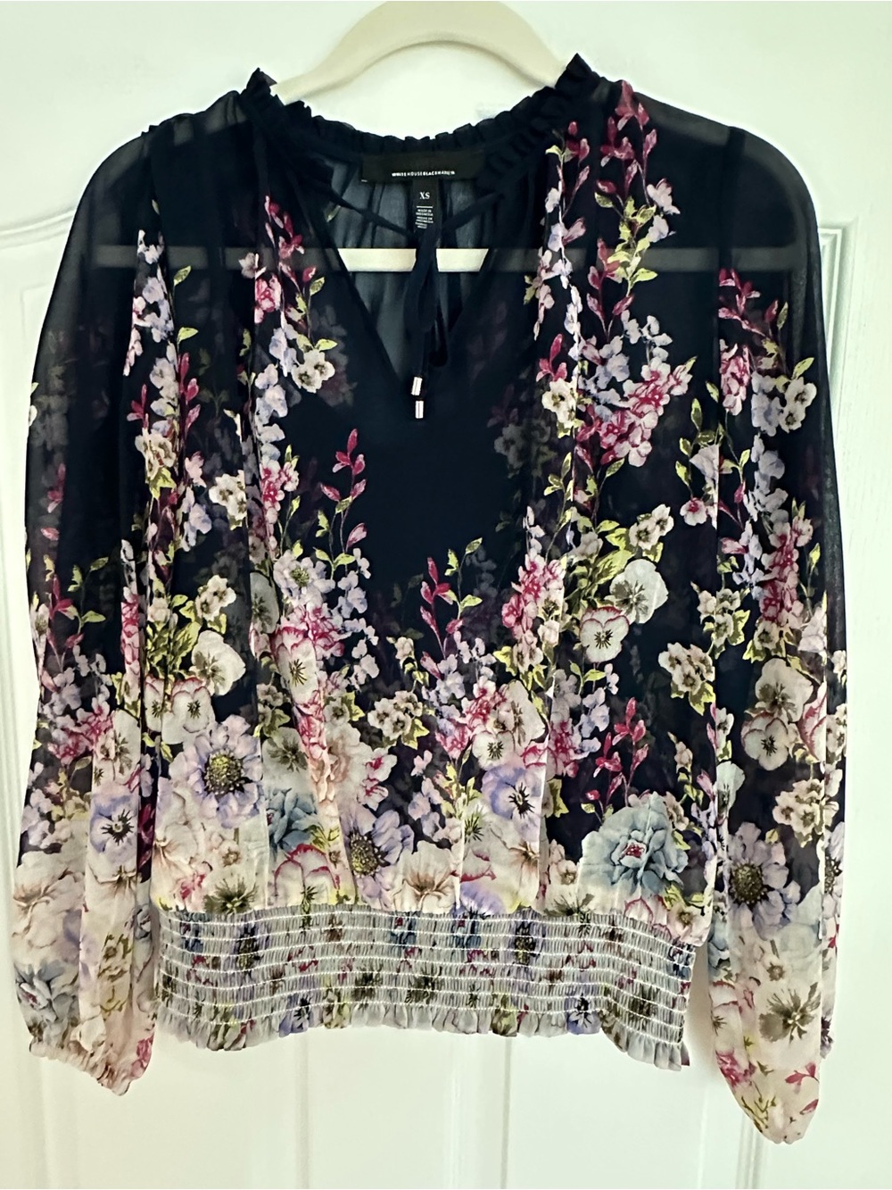 White House Black Market Navy Floral Sheer Tie-Neck Blouse
